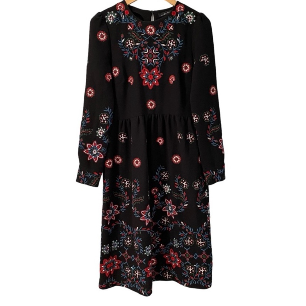 Zara Midi Floral Runways Fav Embroidered Long Sleeves Black Dress M - Picture 7 of 13